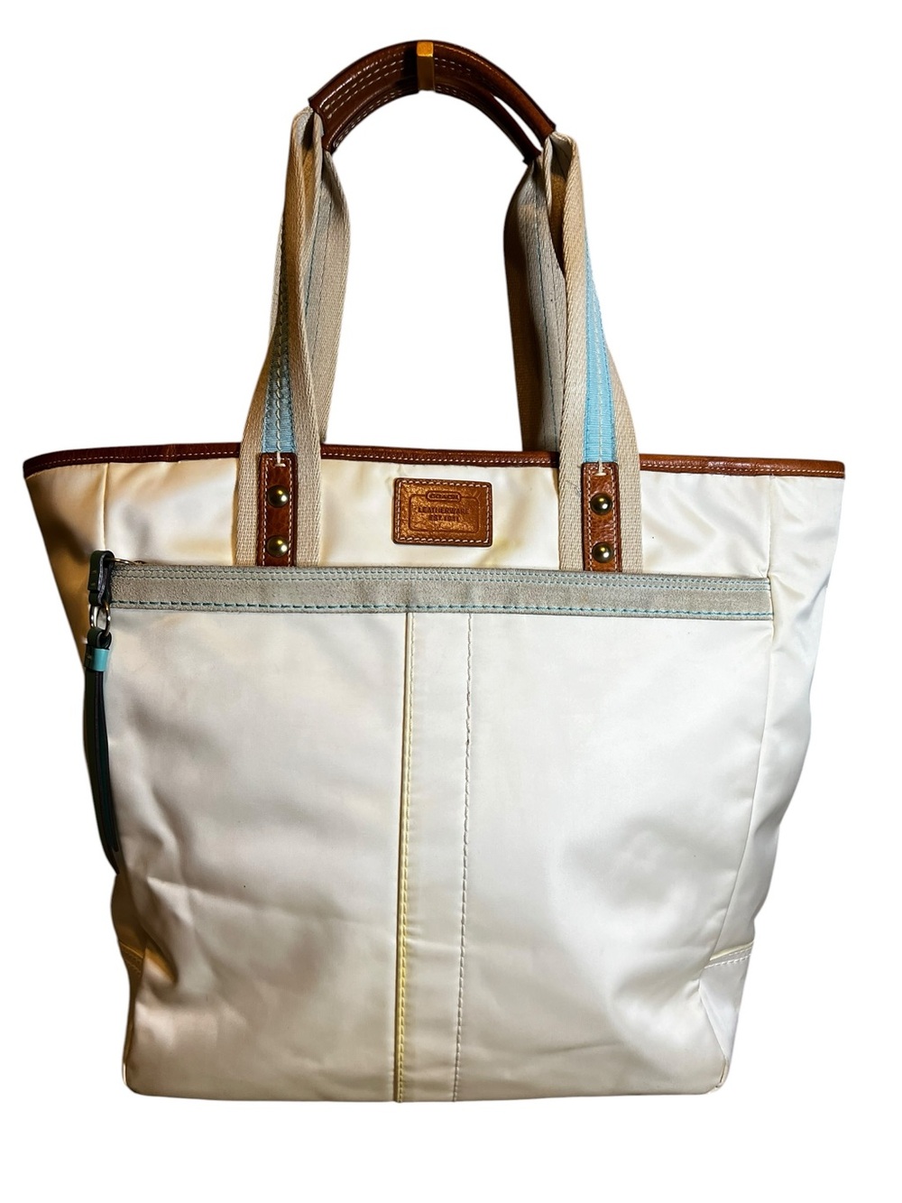 Vintage Coach Cream Large Hampton Tote with Brown Leather Accents